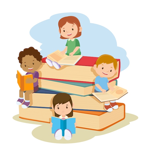 Premium Vector | Children learning and reading books together