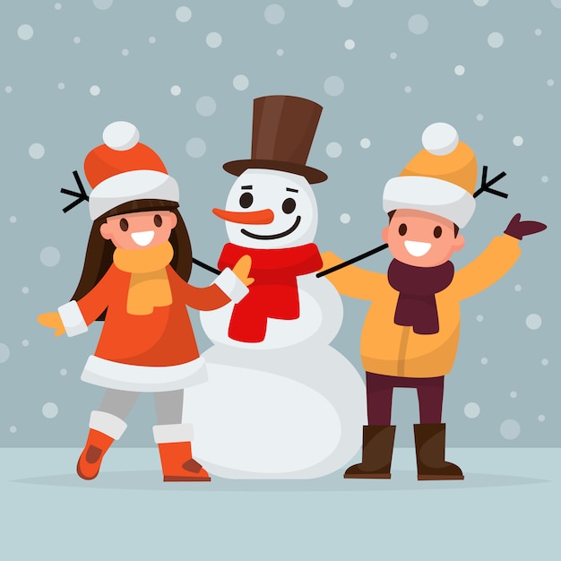 Premium Vector | Children make a snowman.