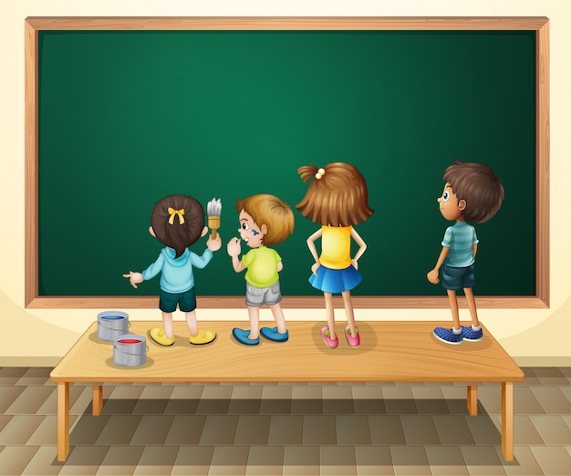 Children paintinging the blackboard in the
room