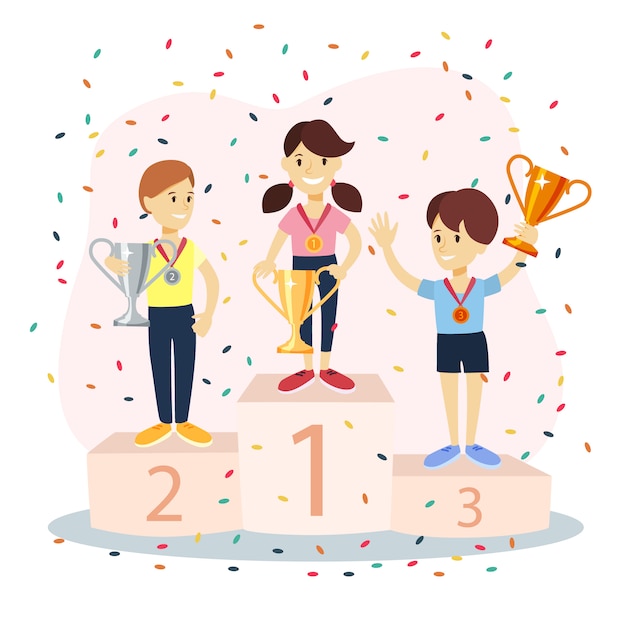 Premium Vector | Children On Pedestal. Winner Of Competition With ...