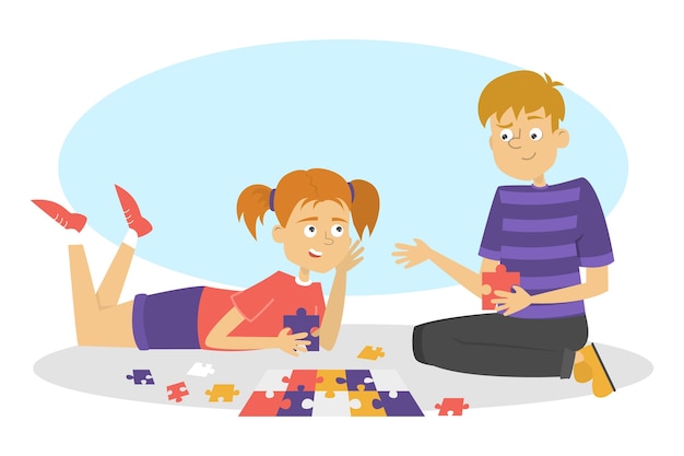 子供たちはボードゲームをします 2人の友人が楽しんでいます 女の子と男の子がパズルを集めます 漫画のスタイルのイラスト プレミアムベクター