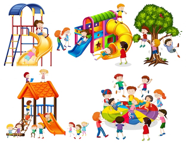 Children playing at playground illustration Vector | Premium Download