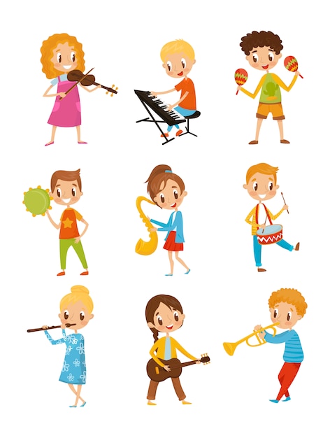 Premium Vector | Children playing music instrument, talented little ...