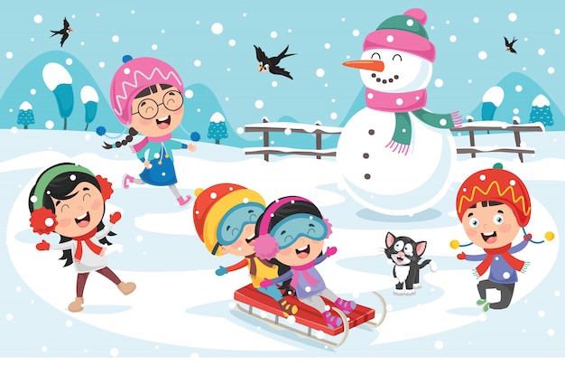 Children playing outside in winter Premium Vector