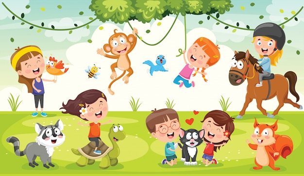 Children playing with funny animals Premium Vector