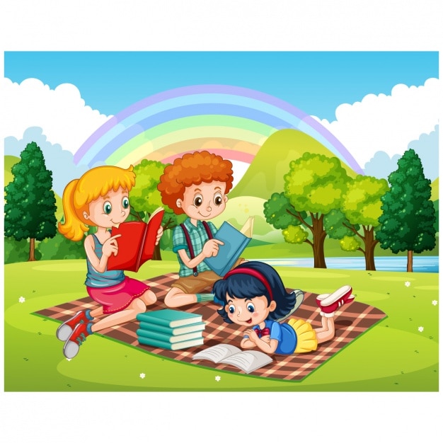 Children read in a park | Premium Vector