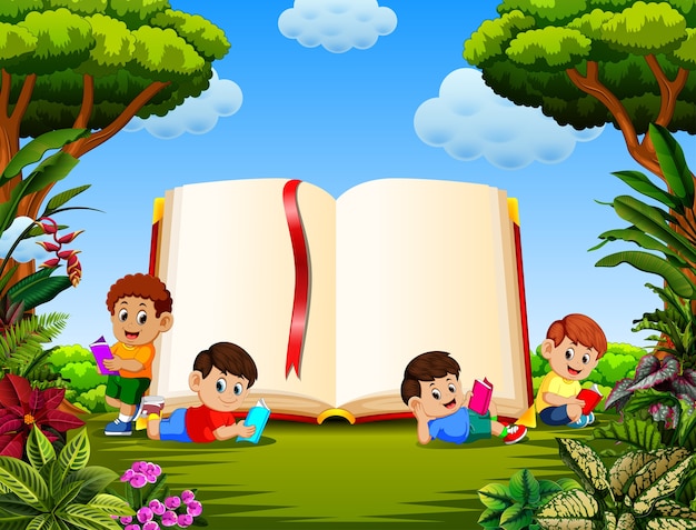 Children reading the book in the different posing with the big book in the garden Premium Vector