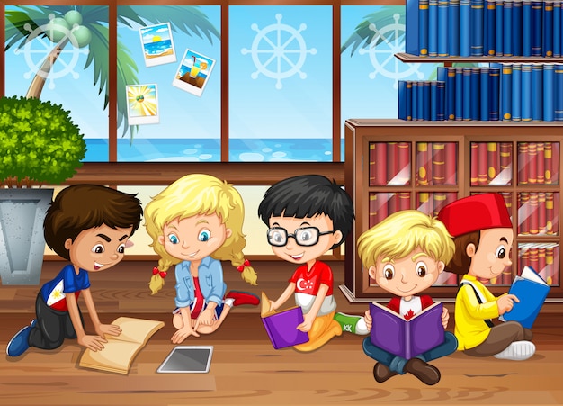 Free Vector | Children reading books in the library