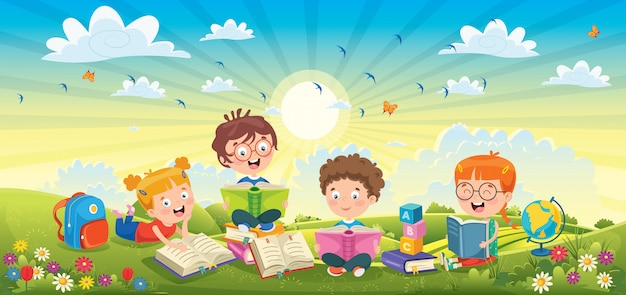 Premium Vector | Children reading books at spring landscape