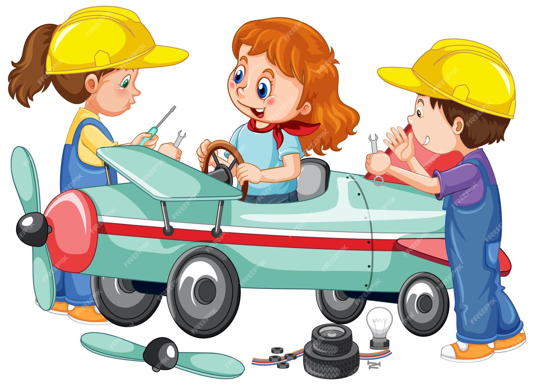 free-vector-children-repairing-a-plane-together