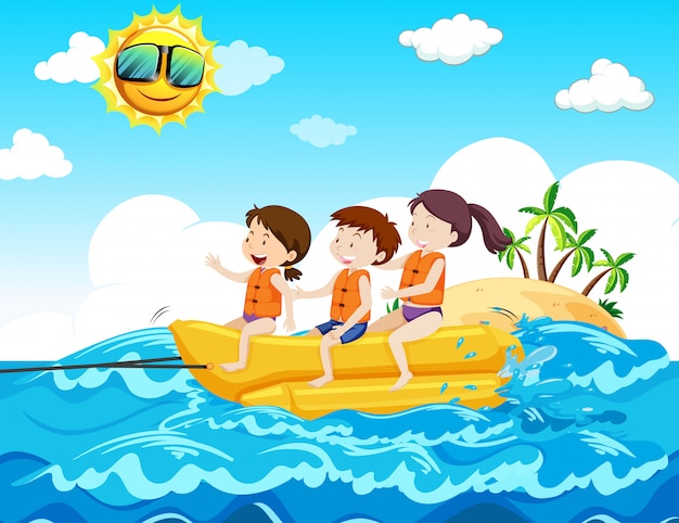 ビーチで子供たちが乗るバナナボート プレミアムベクター