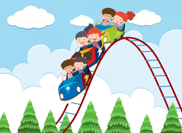 Premium Vector | Children riding roller coaster