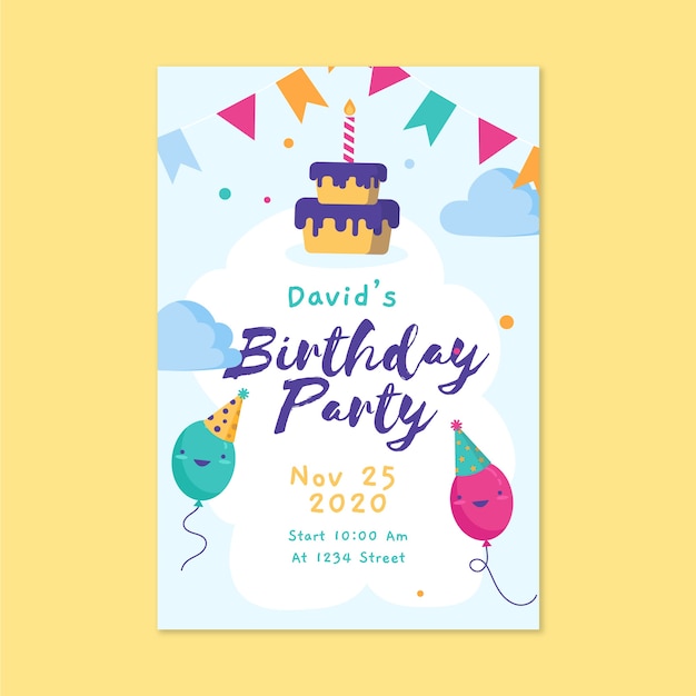 Children's birthday card template with cake and balloons | Free Vector