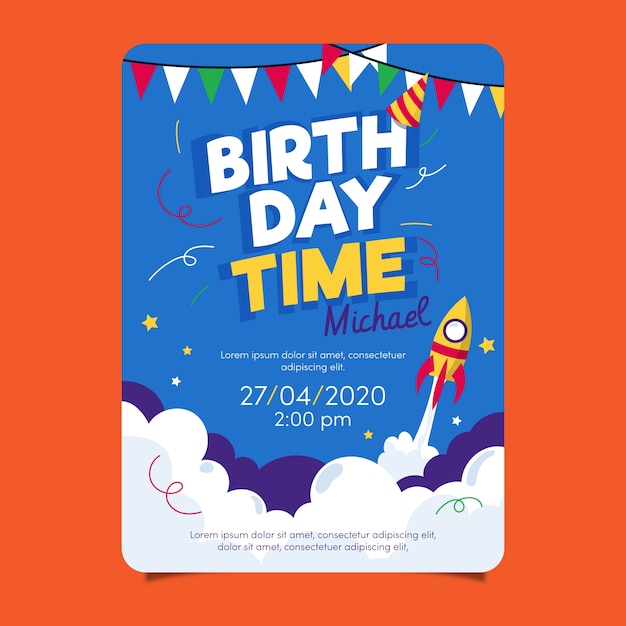 Download Children's birthday card template with rocket | Free Vector