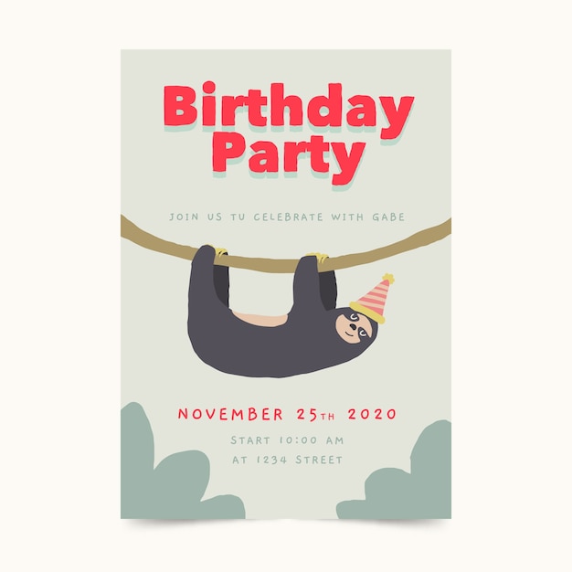 Download Children's birthday card template with sloth | Free Vector