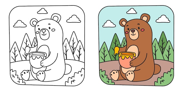 クマと子供のぬりえイラスト 無料のベクター