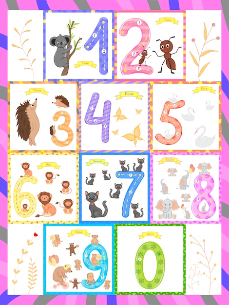 Children's learning to count and write. the study of numbers 0-10 Premium Vector