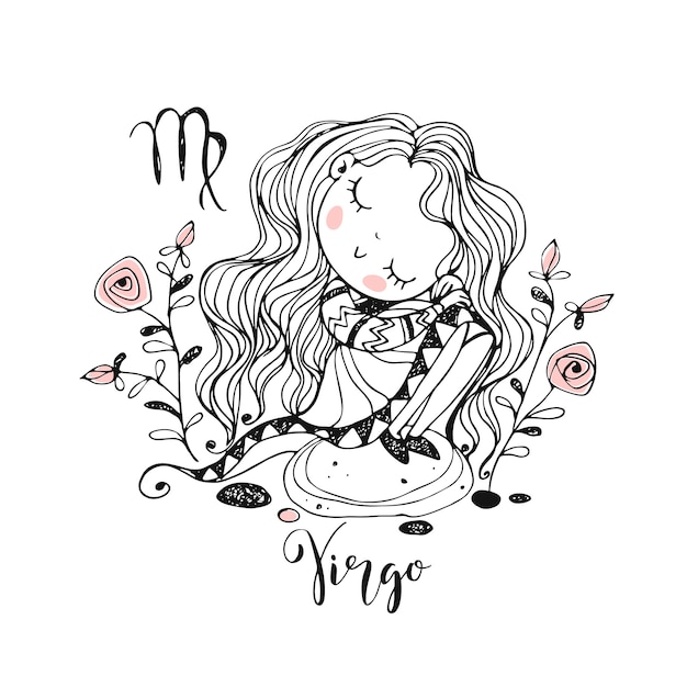 Download Premium Vector | Children's zodiac. sign of virgo. cute girl sitting on a rock. black-white