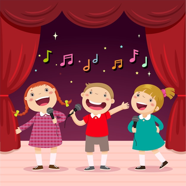 Premium Vector | Children sing with a microphone on the stage