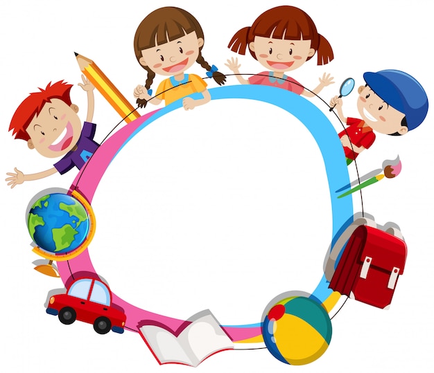 Premium Vector | Children surroding a blank circle frame