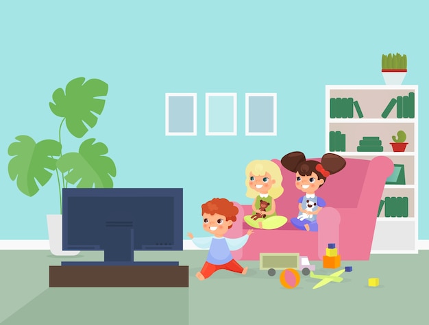 テレビのイラストを見ている子供たちソファの漫画のキャラクターに座っているかわいい子供たち プレミアムベクター