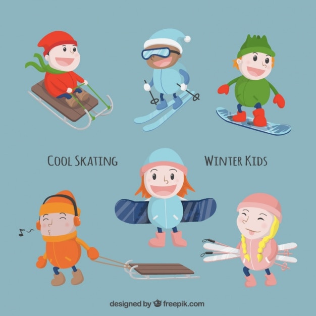Children with sport equipment enjoying the\
winter