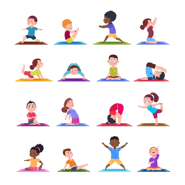 Children in yoga poses. cartoon fitness kids in yoga asana ...