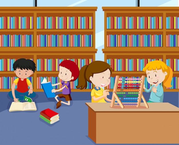 Premium Vector | Childrens doing activities in library