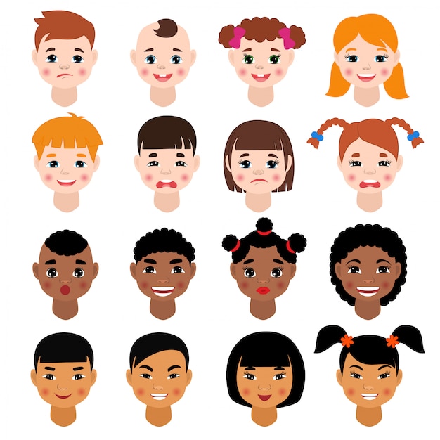 子供の肖像画ベクトル子供キャラクターの女の子や男の子の顔の髪型と漫画の人が白いスペースで分離された子供の顔の特徴の様々な肌のトーンイラストセット プレミアムベクター