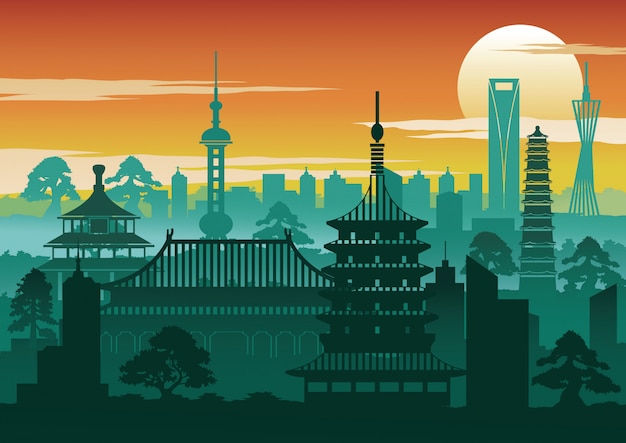 Premium Vector | China famous landmark silhouette style