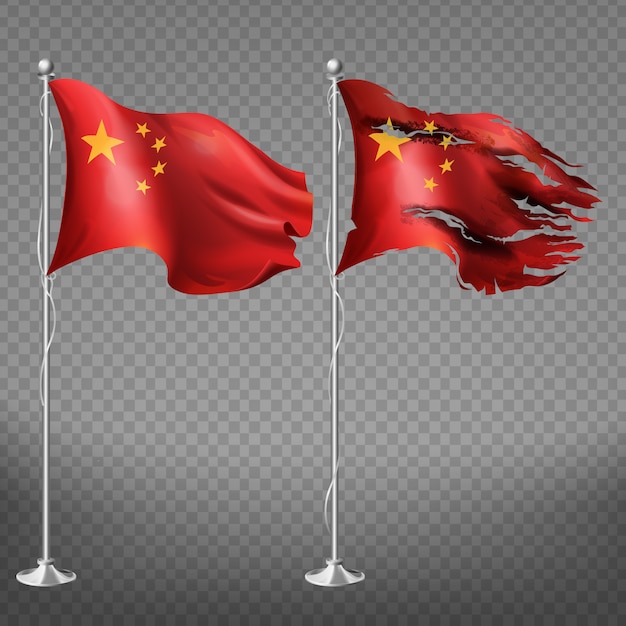 中国の国旗セットの新しく でこぼこの破損したエッジ赤黄色の星と手を振っている国民の国キャンバス 無料のベクター