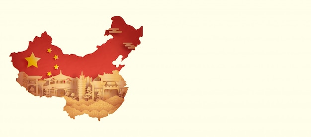 China flag with kunming, china in paper cut style vector illustration Premium Vector