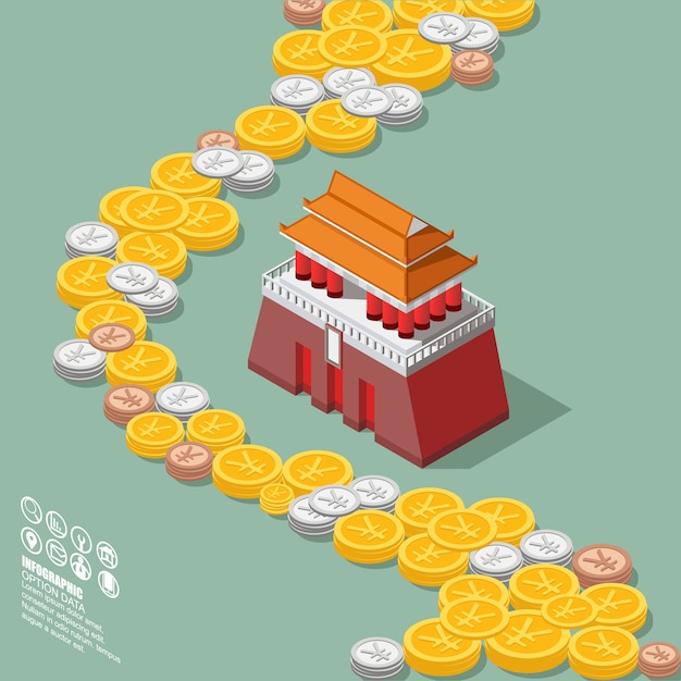 China money yuan coin with tiananmen square isometric ...