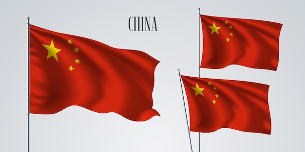 中国旗イラストを振る プレミアムベクター