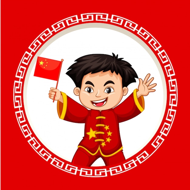 Download Chinese boy with china flag Vector | Premium Download