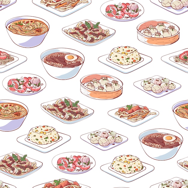 Chinese cuisine dishes on white background Premium Vector