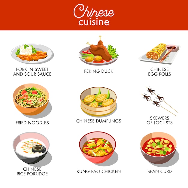 Chinese Cuisine Traditional Dishes Vector Flat Icons Set Premium Vector