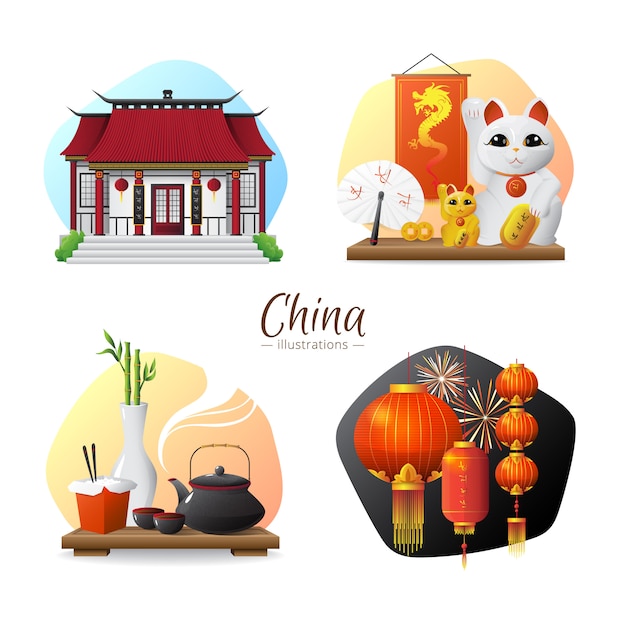 Chinese culture traditions and symbols 4 stylish compositions set with ...