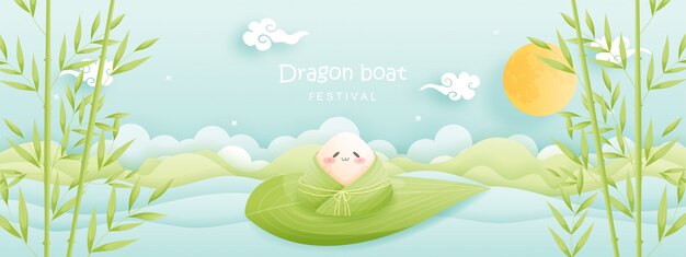 餃子 かわいいキャラクターと中国のドラゴンボートフェスティバル プレミアムベクター