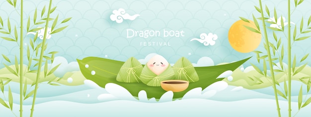 プレミアムベクター 餃子 かわいいキャラクターと中国のドラゴンボートフェスティバル