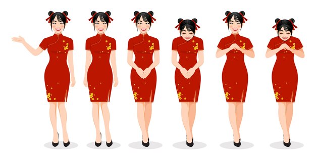 中国の旧正月の祭りの漫画のキャラクターのイラストとマンダリンガウンの中国の女の子 プレミアムベクター