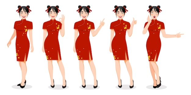 中国の旧正月の祭りの漫画のキャラクターのイラストとマンダリンガウンの中国の女の子 プレミアムベクター