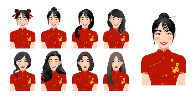 中国の女の子は異なる髪型セットの孤立したイラストとチャイナドレスを着用 プレミアムベクター