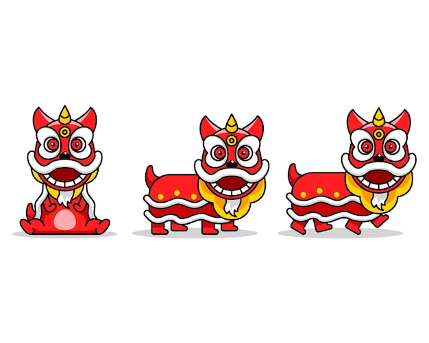 中国の獅子舞かわいい漫画のキャラクター プレミアムベクター