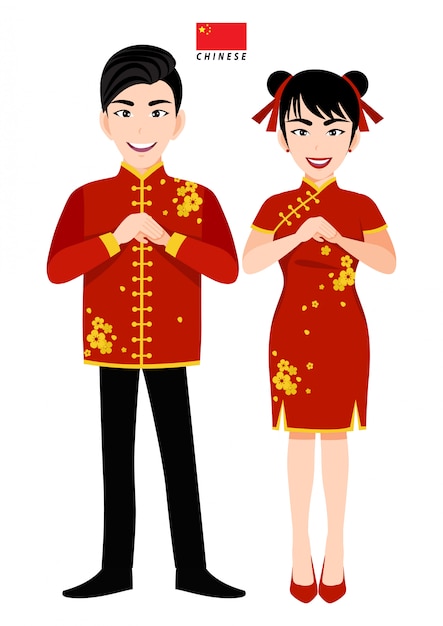 伝統的な衣装 中国人の挨拶 白い背景の漫画のキャラクターに中国の旗の中国の男性と女性 プレミアムベクター