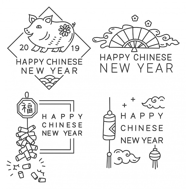 Chinese new year badge in line style vector Premium Vector