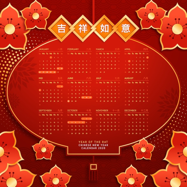 Chinese new year calendar in flat design Vector Free Download
