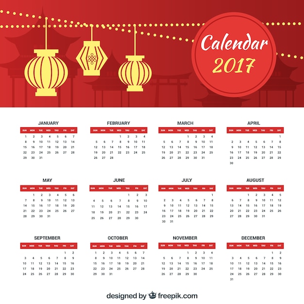 Free Vector | Chinese new year calendar with lanterns in flat design