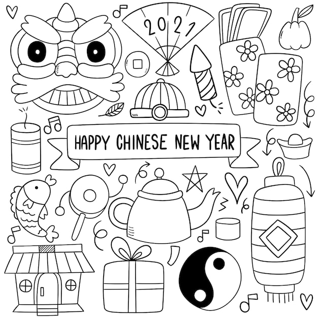 Free Vector Chinese new year with icon doodle style