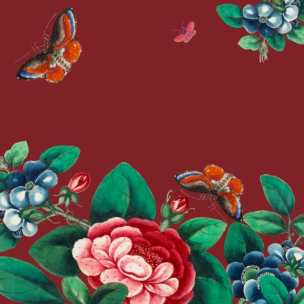 花と蝶の壁紙を特集した中国の絵 無料のベクター